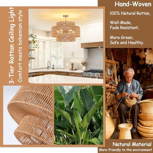 23.6" Rattan 6-Light Flush Mount Ceiling Light