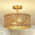 Boho Rattan Ceiling Light, 12.6" Woven Drum Flush Mount