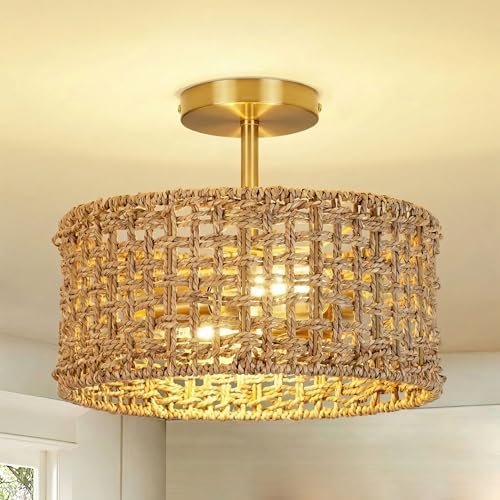 Boho Rattan Ceiling Light, 12.6" Woven Drum Flush Mount