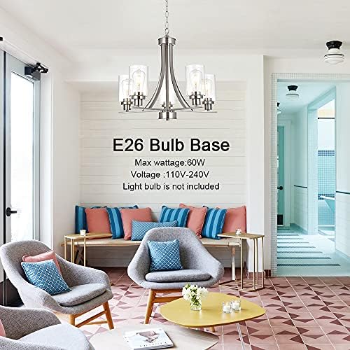 BONLICHT 5-Light Brushed Nickel Chandelier, Clear Glass Shade