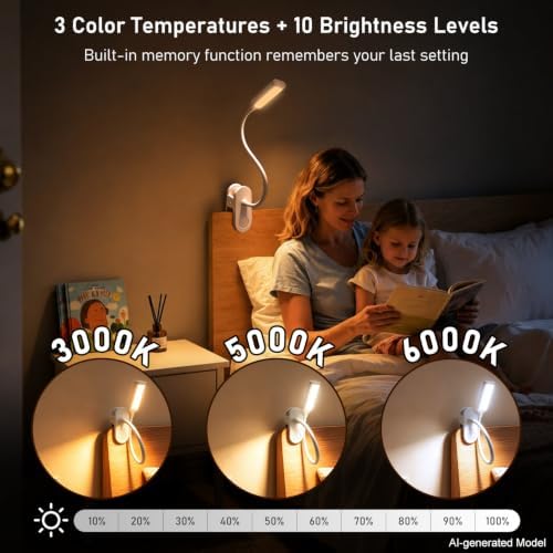 Clip-On Desk Lamp with Clamp for Bed, White