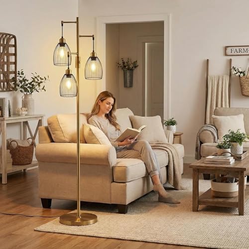 Dimmable Antique Brass Floor Lamp, 3-Light