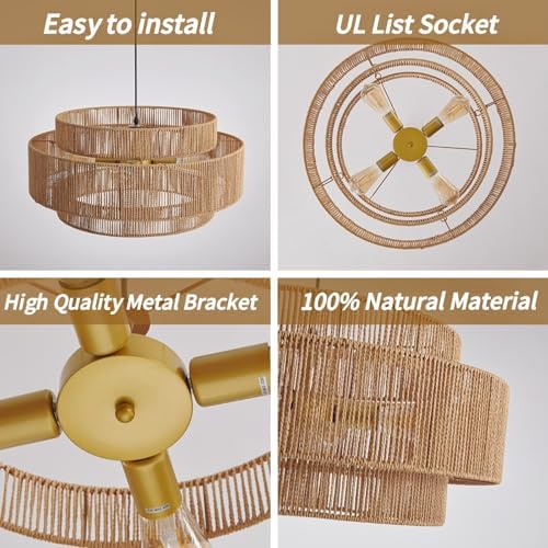 3-Tier Large Rattan Chandelier, 23.6in