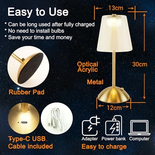 Cordless Rechargeable Touch Table Lamp, 4000mAh, Black
