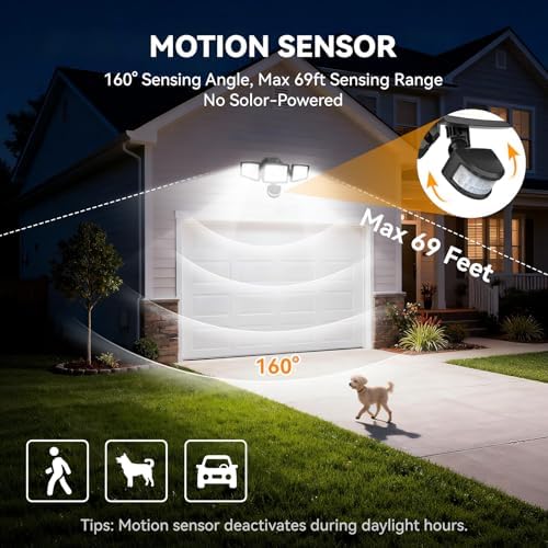 7000LM 6500K 3-Head LED Motion Sensor Flood Light
