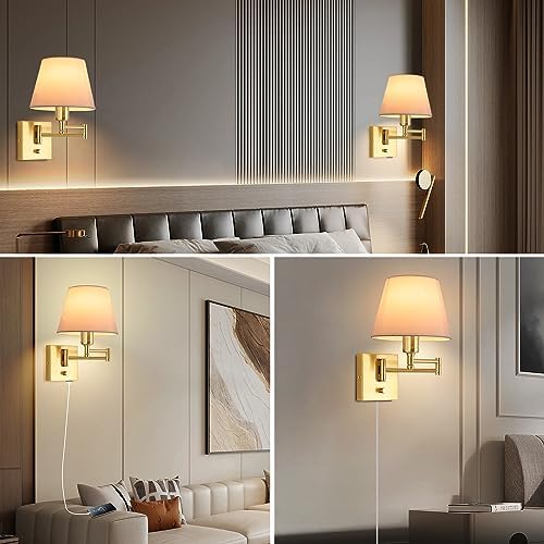 Gold Swing Arm Wall Lamp, White Fabric Shade