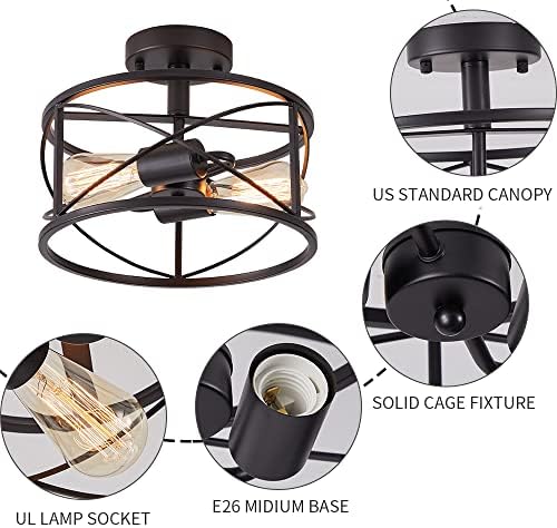 2-Light Black Metal Cage Semi Flush Mount Ceiling Light
