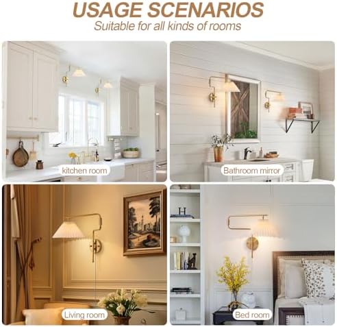 Gold Swing Arm Wall Sconces, Set of 2, Pleated Shade