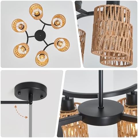 21" 6-Light Boho Rattan Chandelier