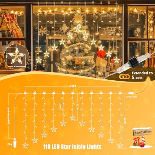 YOUNGAR Stars Icicle Lights, 118 LED Warm White