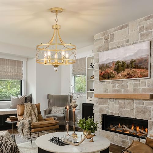 5-Light Gold Metal Pendant Chandelier, 15.2"
