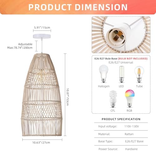 Arturesthome Boho Wicker Chandelier, 10.2″*20.8″