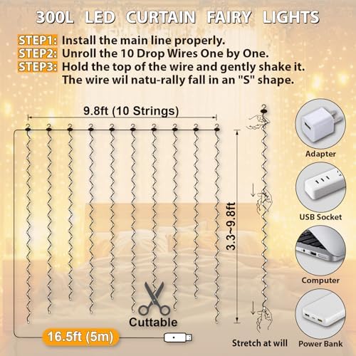 HXWEIYE 300LED Fairy Curtain Lights, 9.8x9.8Ft USB, Remote, 8 Modes &