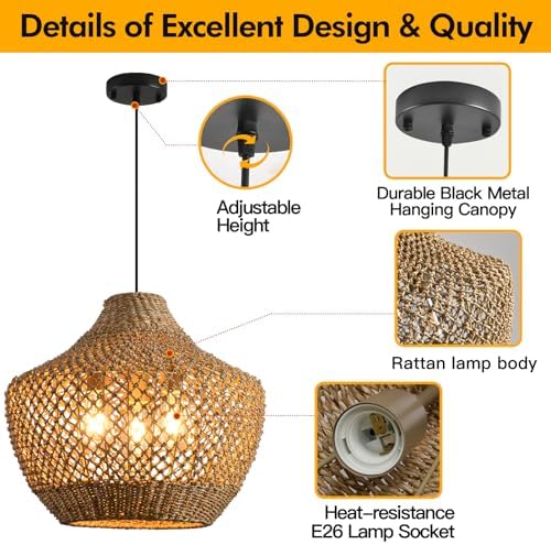 18.9-Inch 3-Light Rattan Wicker Chandelier