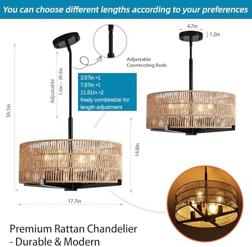4-Light 17.7" Rattan Boho Farmhouse Chandelier