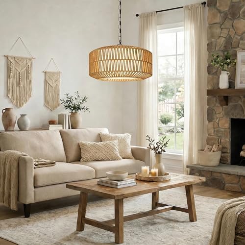 5-Light Rattan Farmhouse Chandelier, Height Adjustable 9"-52"