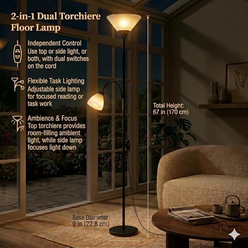 Modern 2-in-1 Torchiere Floor Lamp with Reading Light, Black