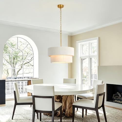 Large Coastal White Linen Drum Light Fixture