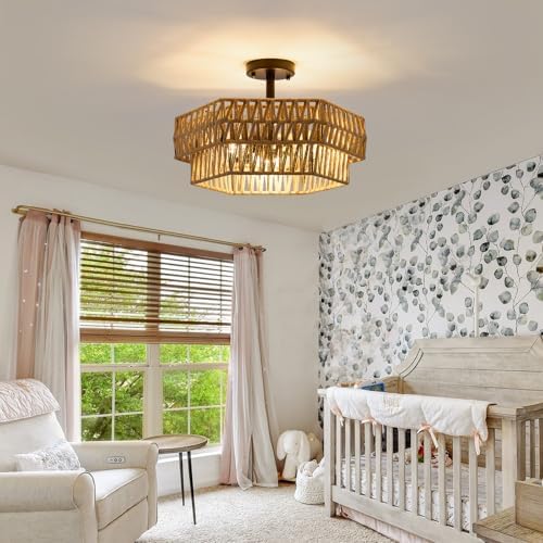 XSDeTu 3-Light Woven Hemp Rope Ceiling Light