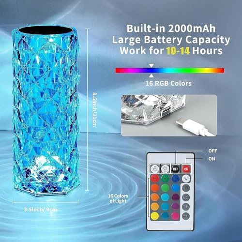 2 Pack Crystal Table Lamps, USB Rechargeable