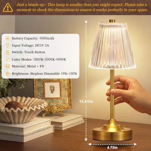 Gold Cordless Rechargeable Crystal Table Lamp, Small