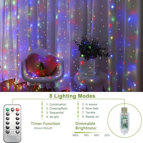 300 LED Curtain String Lights, 9.8x9.8Ft Multicolored