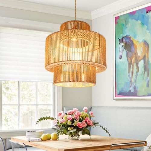 12.6'' Boho Rattan Chandelier Pendant Light Hand-Woven Wicker Pendant