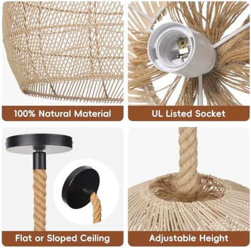 19.6" 1-Light Farmhouse Rattan Chandelier
