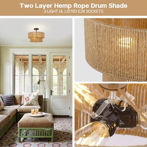 15.7'' Boho Light Fixtures Ceiling Mount, Coastal Hemp rope Semi Flush