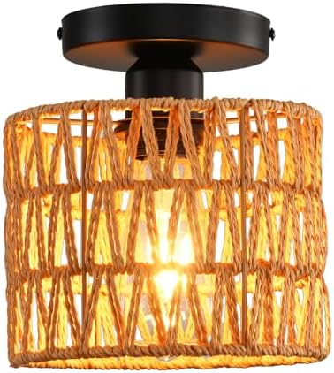 Hand-Woven Rattan Flush Mount Ceiling Light