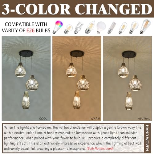3-Light Rattan Pendant Light Fixture
