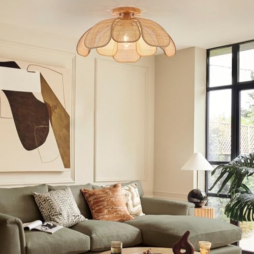 20-Inch Boho Rattan Flush Mount Ceiling Light