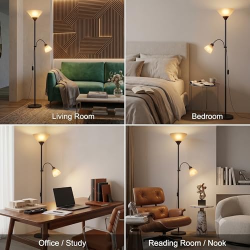Modern 2-in-1 Torchiere Floor Lamp with Reading Light, Black