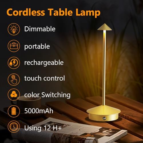 Cordless Rechargeable Table Lamps, Set of 2, Gold