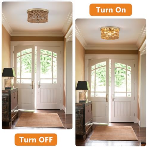 3-Light Rattan Flush Mount Ceiling Light
