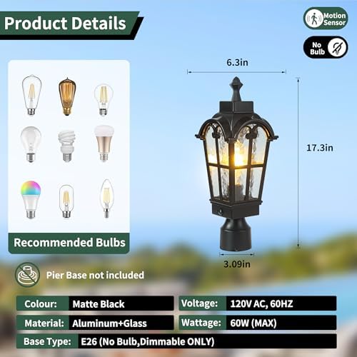 Motion Sensor Outdoor Post Light, Waterproof, Dusk to Dawn
