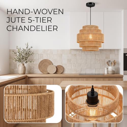 5-Tier Rattan Chandelier, 13” Pendant Light