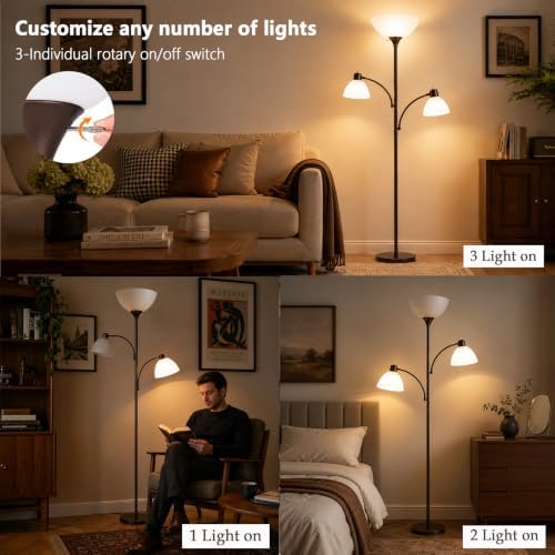3-Head Torchiere Floor Lamp with 2 Reading Lamps, Brown