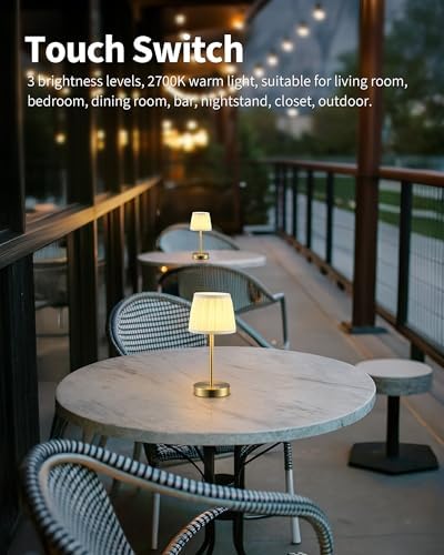 PUSU 2 Pack Gold Cordless Fabric Table Lamps