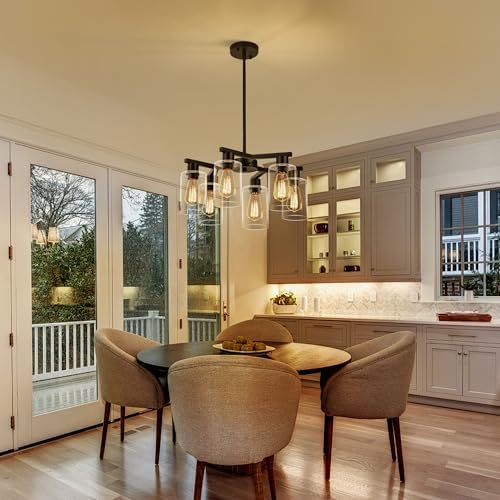 6-Light Black Farmhouse Chandelier, Clear Glass Shade