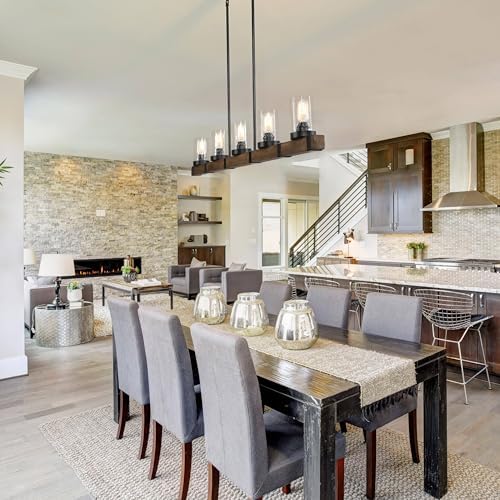 LALUZ 5-Light Kitchen Island Lighting, Farmhouse Wood Linear Dining