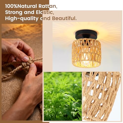 Farmhouse Semi Flush Mount Ceiling Light, 1-Pack, Boho Rattan