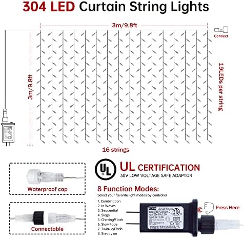 HEYFUNi 304 LED Fairy Curtain Lights, 9.8FT x 9.8FT