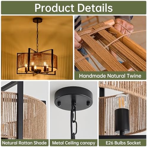 19.7" Black Rattan Chandelier, Modern Dining Light Fixture