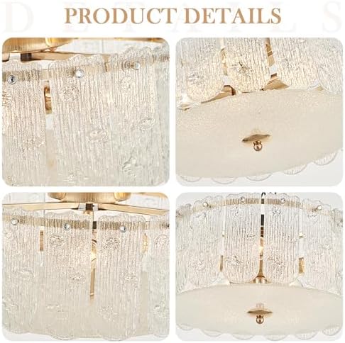 15” Textured Glass Semi Flush Mount Ceiling Light, Brass