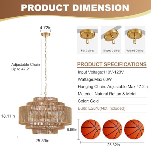 25.68-Inch Gold 6-Light Rattan Chandelier