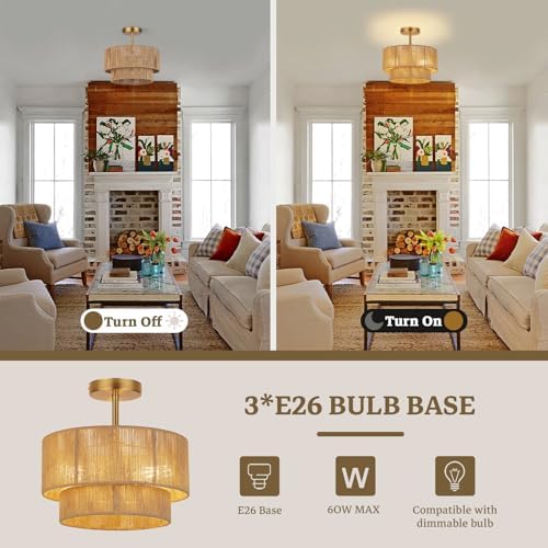 3-Light Rattan Semi Flush Mount Ceiling Light, 12.6''