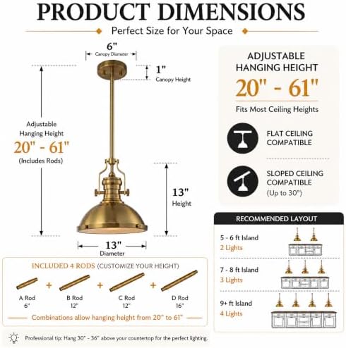 1-Light 13" Modern Industrial Warm Brass Pendant Light