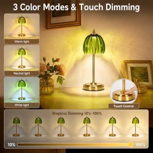 NewAoNaSen Glass Tulip Table Lamp, Cordless Rechargeable, Green
