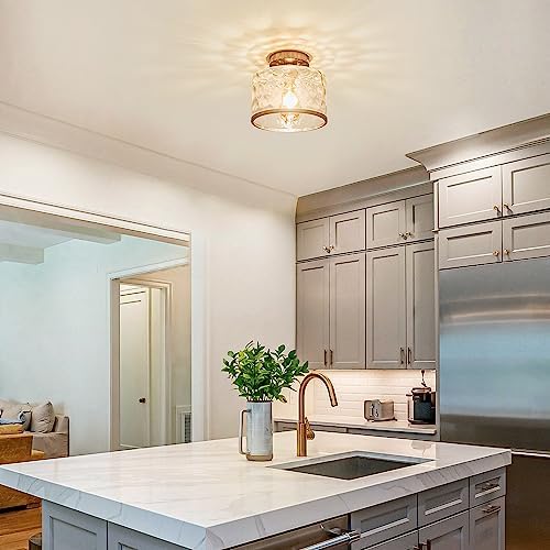 Zlepmlla Semi Flush Mount Ceiling Light, Hammered Glass, Satin Nickel